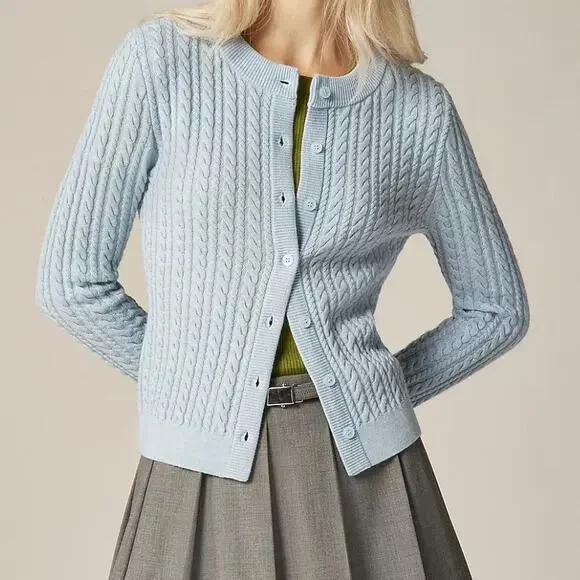 J Crew Cable Knit Crewneck Cardigan 100% Merino Wool Women's XS Blue - Picture 13 of 13
